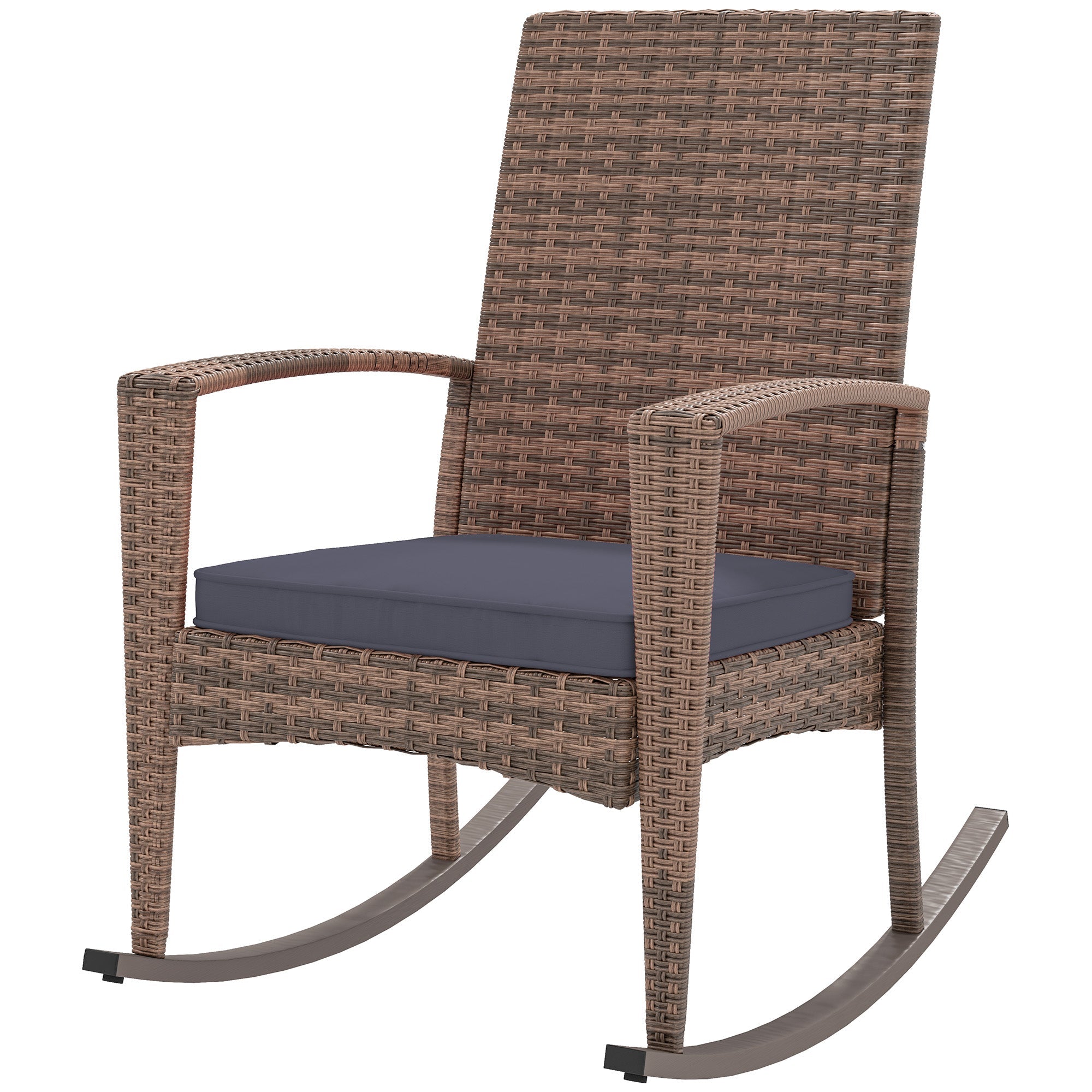 Outsunny Outdoor PE Rattan Rocking Chair, Garden Glider Rocking Chair, Wicker Patio Chair Set with Armrest and Cushion, Dark Blue 