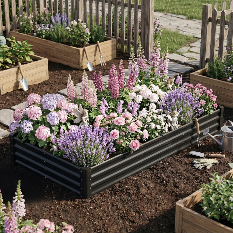 8 x 4 x 1ft Galvanized Raised Garden Bed, Reinforced Outdoor Planter Box with Open Bottom, Black