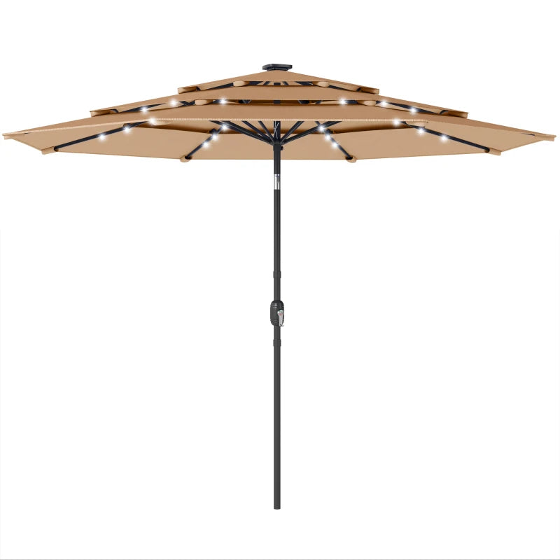 9.3 ft Patio Umbrella with Solar LED Lights, Cover, 3 Tier Outdoor Market Table Parasol with Tilt, Crank, Khaki