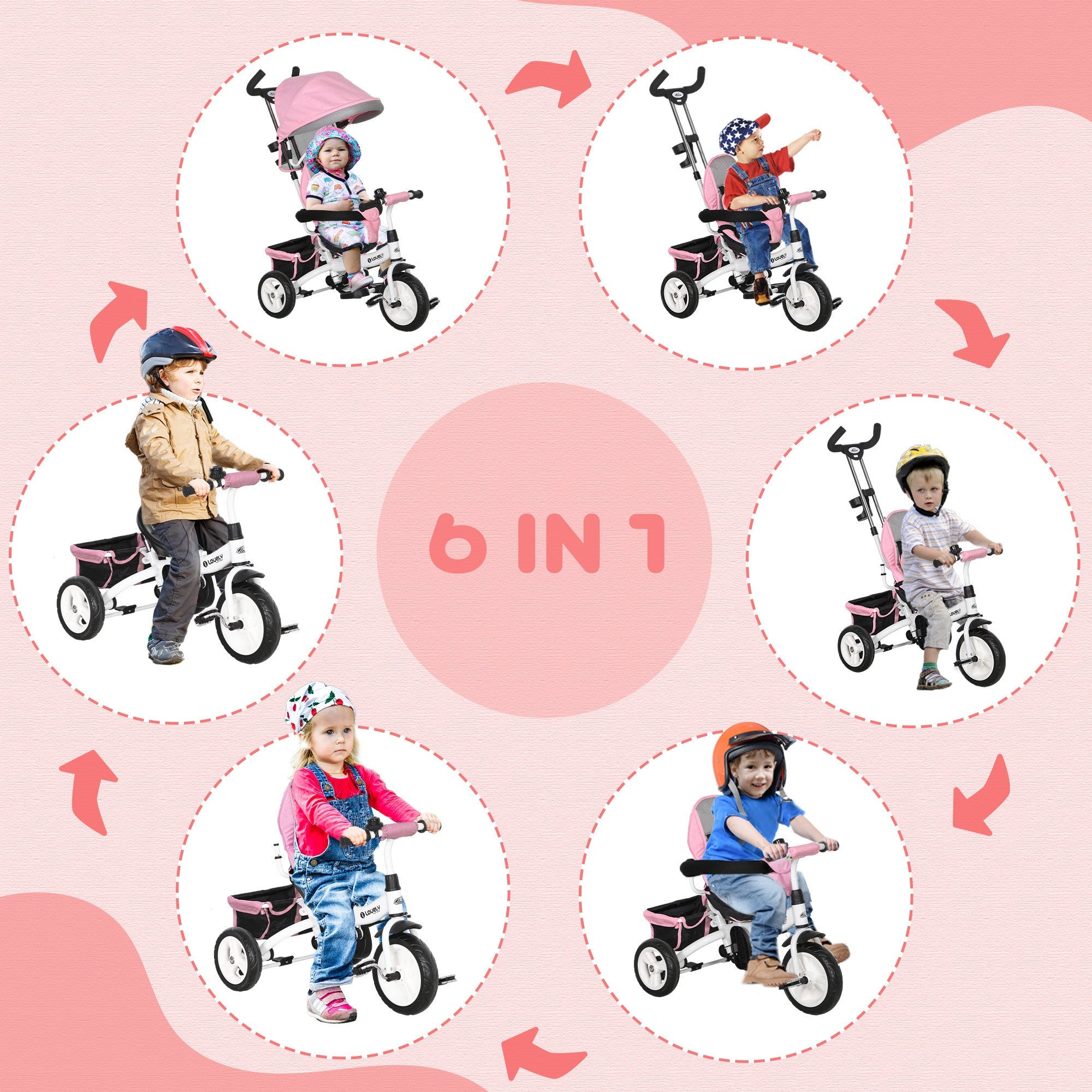 Qaba 4-in-1 Convertible Toddler Tricycle Stroller with Canopy Basket Safety Harness for Kids 12-60 Months Pink 