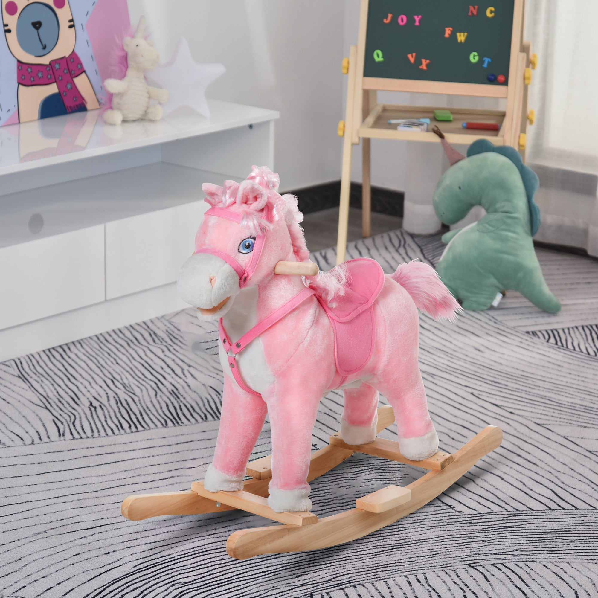 Qaba Kids Plush Rocking Horse Poney Child Ride On Toy Rocker w/ Realistic Sounds Pink 