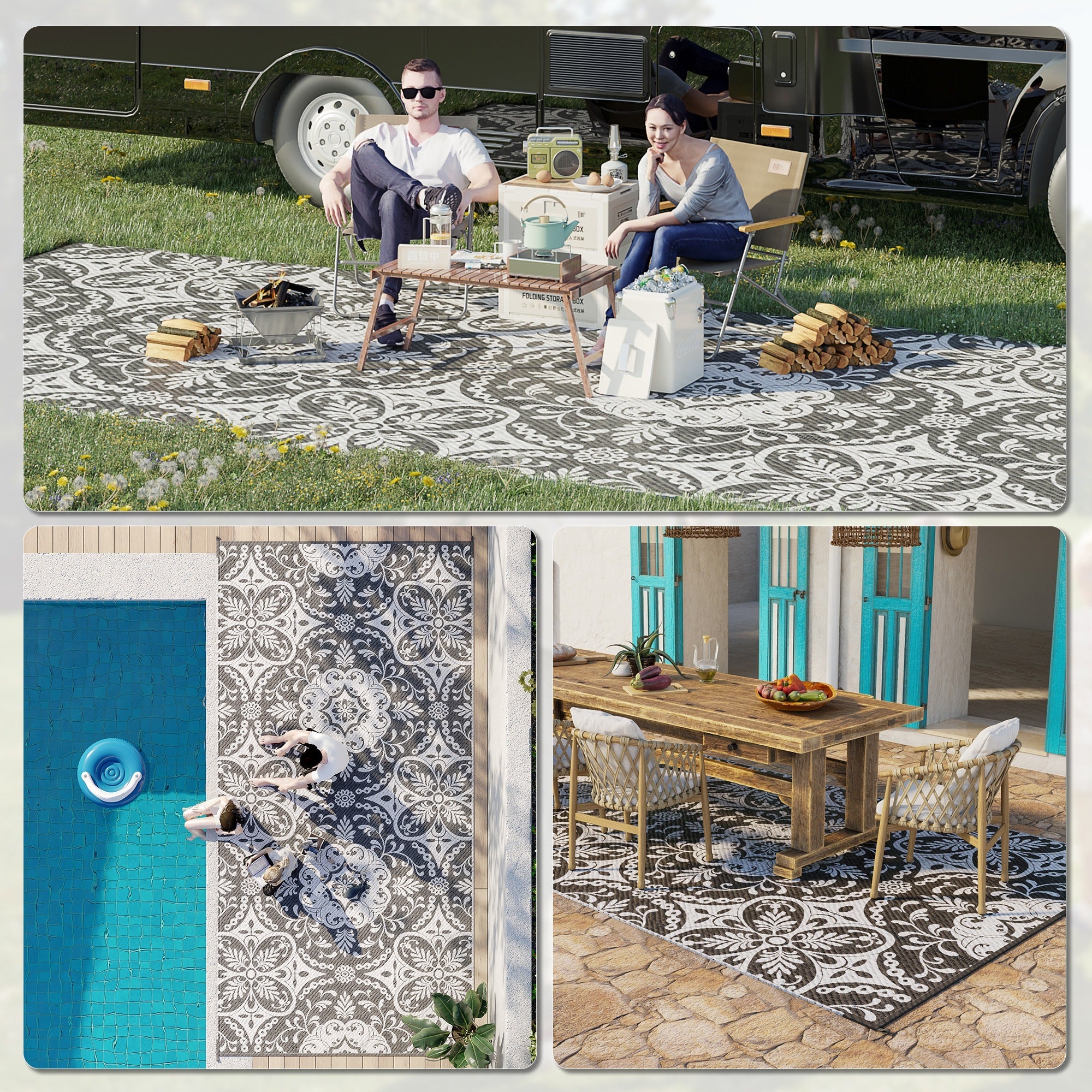 Outsunny Reversible Outdoor Mat 9x18 ft Waterproof Portable Rug with Carry Bag for RV Camping Deck Grey 