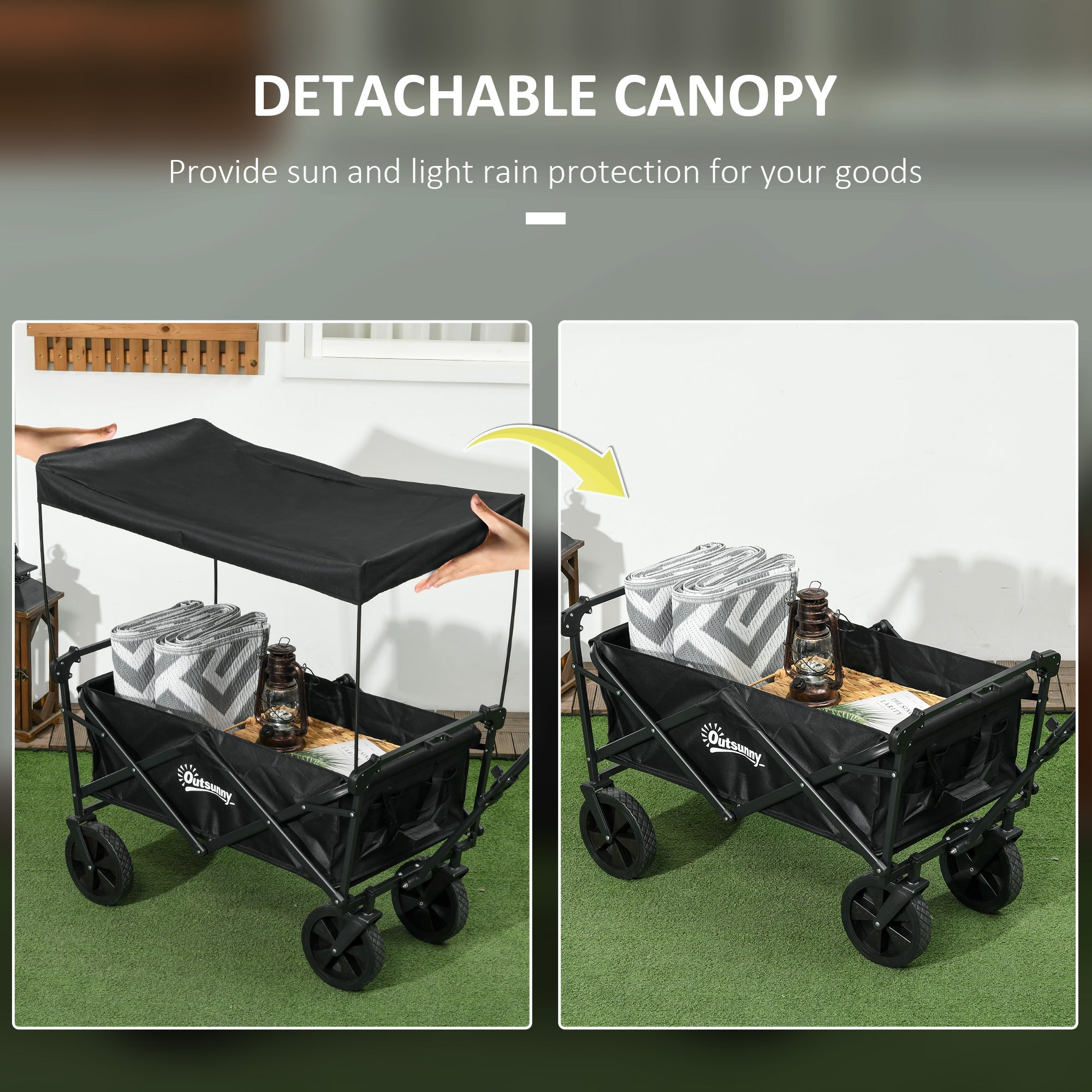 Outsunny Steel Frame Folding Garden Cart, Collapsible Wagon Cart with Removable Canopy, Telescopic Handle and Carrying Bag 