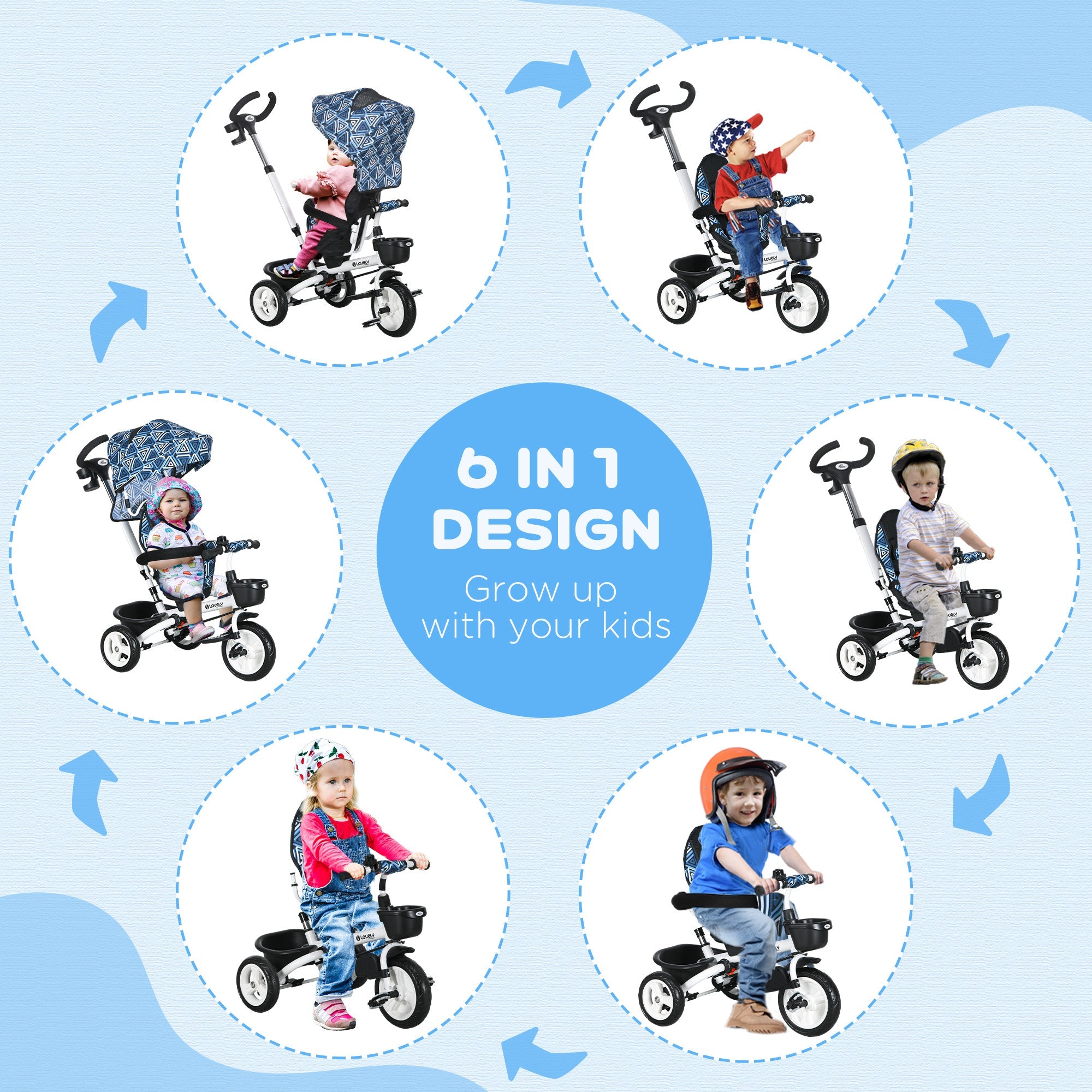 Qaba 6-in-1 Toddler Tricycle - Enhanced with Parent Handle, Canopy, Storage, Cupholder, Light Blue, for Ages 1-5 