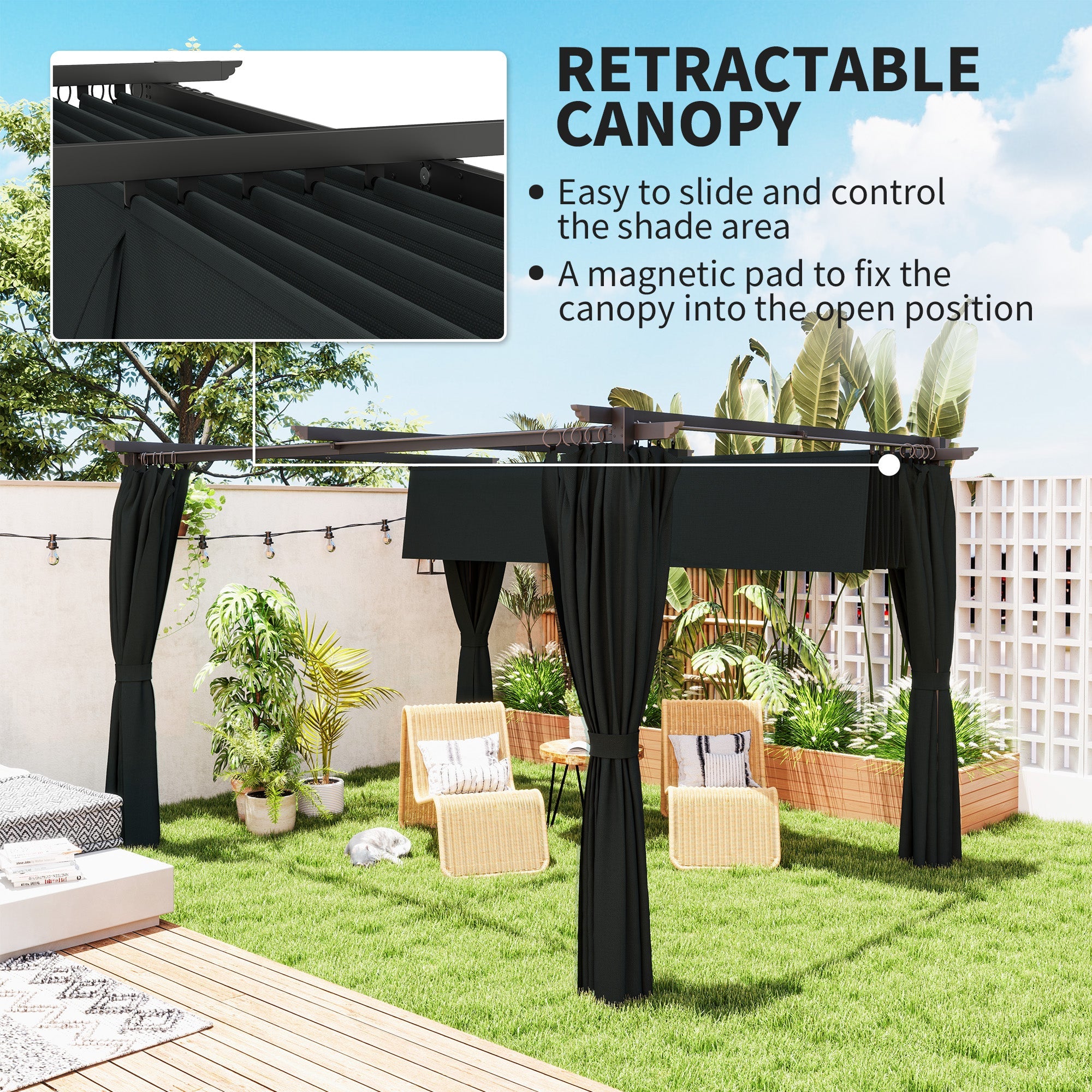Outsunny 10' x 13' Pergola with Retractable Canopy and Curtains, UPF30+ Sun Shade Shelter for Grill, Garden, Backyard, Deck 