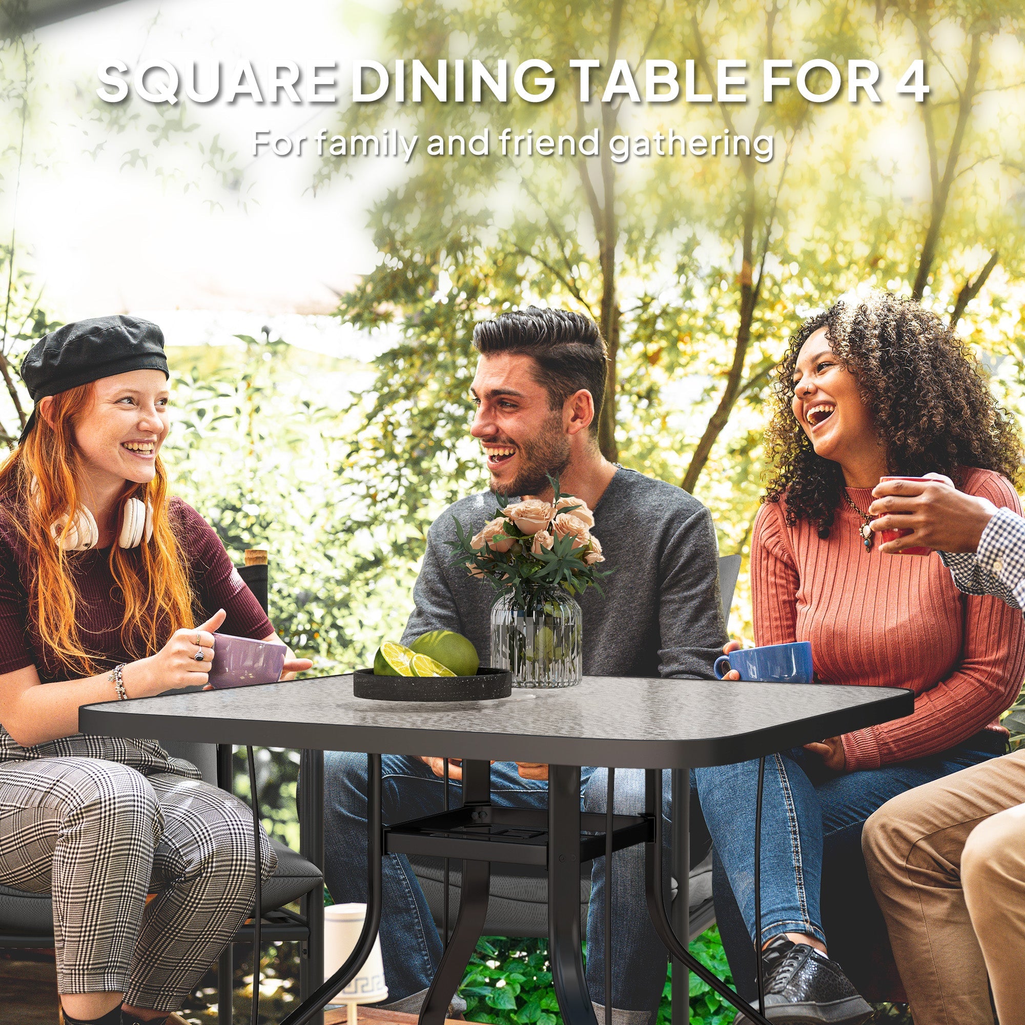 Outsunny Tempered Glass Square Patio Dining Table w/ 2.1" Umbrella Hole for Garden, Balcony, Backyard, 38" x 38" x 28" 