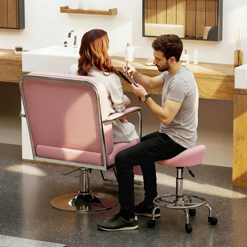 PU Leather Rolling Stool, Height Adjustable Swivel Salon Chair with Backrest and Foot Rest for Spa, Tattoo, Pink