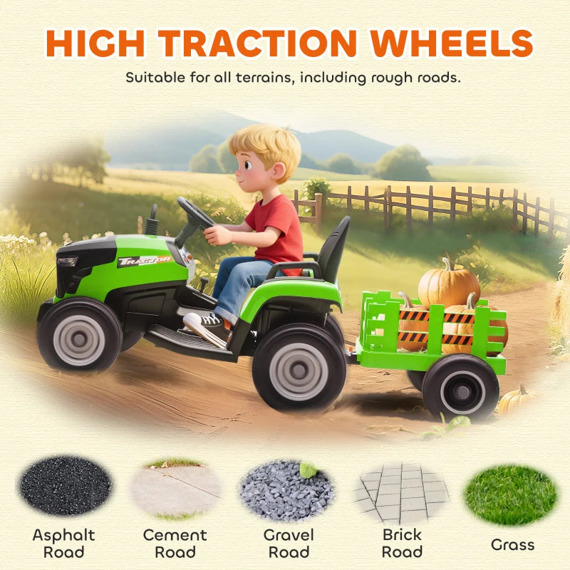 Qaba 12V Kids Ride On Tractor with Trailor, Remote Control, Music, Lights, Shifter, for Kids Ages 3-8 Years, Green