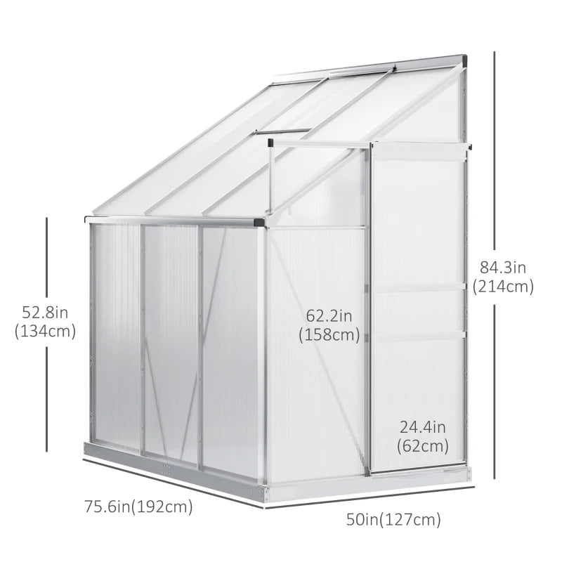 6' x 4' Aluminum Lean-to Greenhouse Polycarbonate Walk-in Garden Greenhouse with Adjustable Roof Vent, Rain Gutter and Sliding Door for Winter, Clear