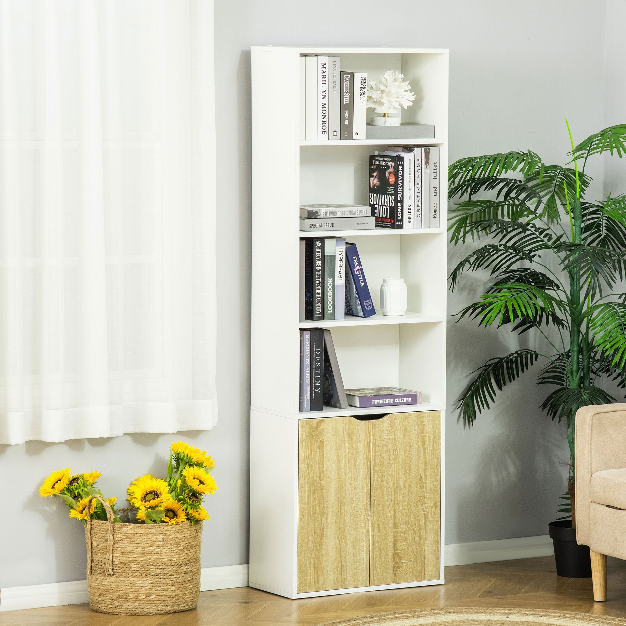 HOMCOM 4-Tier Bookcase: Oak Finish Storage Cabinet with Doors for Home Office/Living Room 