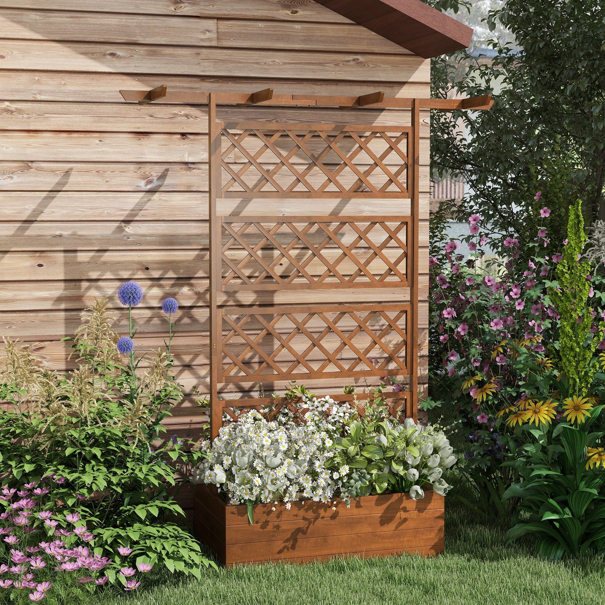 Outsunny Wooden Planter with Trellis Privacy Screen, Raised Garden Bed to Grow Vegetables, Herbs and Flowers, Orange 