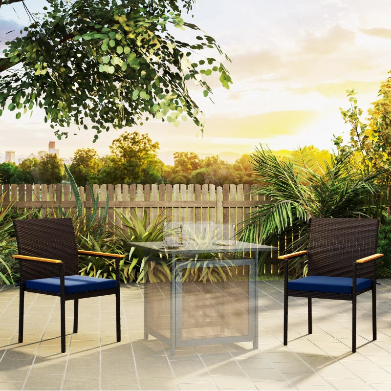 Stackable Wicker Patio Chairs Set of 2 with Removable Cushion, Armrest for Garden, Porch, Yard, Navy Blue