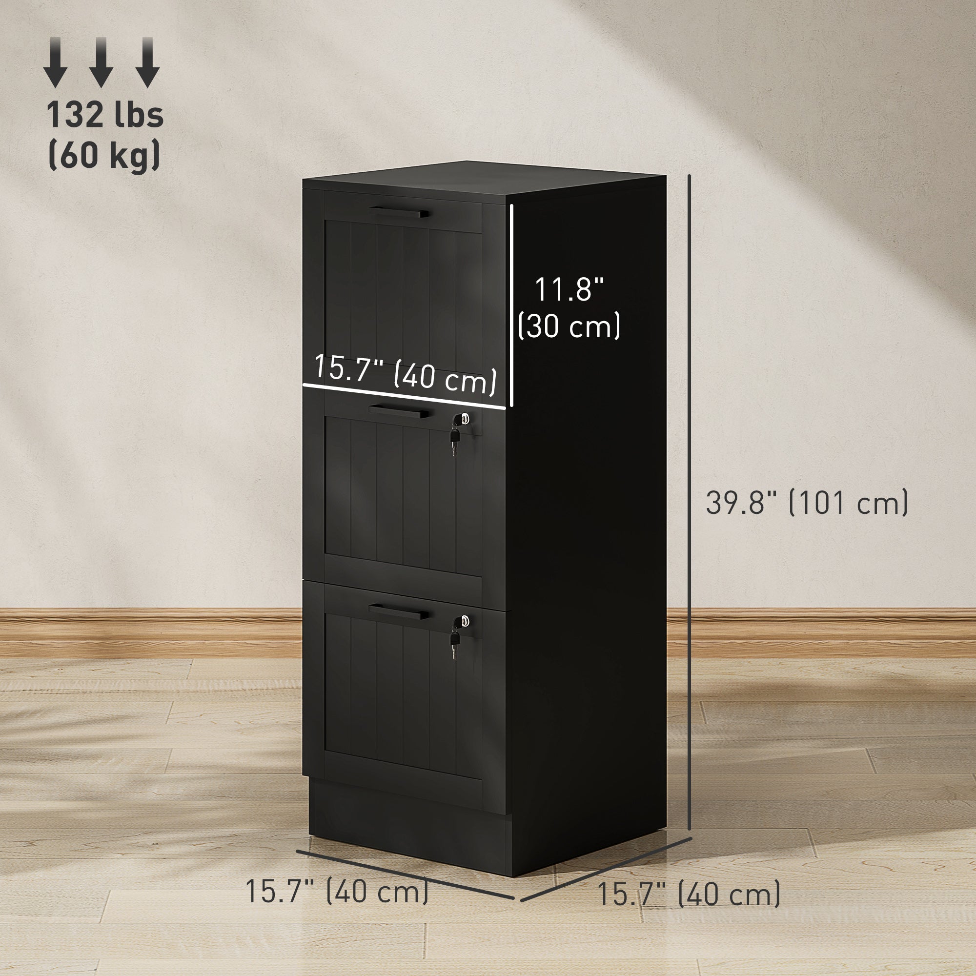 HOMCOM 3 Drawer Filing Cabinet with Lock, Office Storage Cabinet with Adjustable Hanging Bars for A4 Letter Size Files, Black 