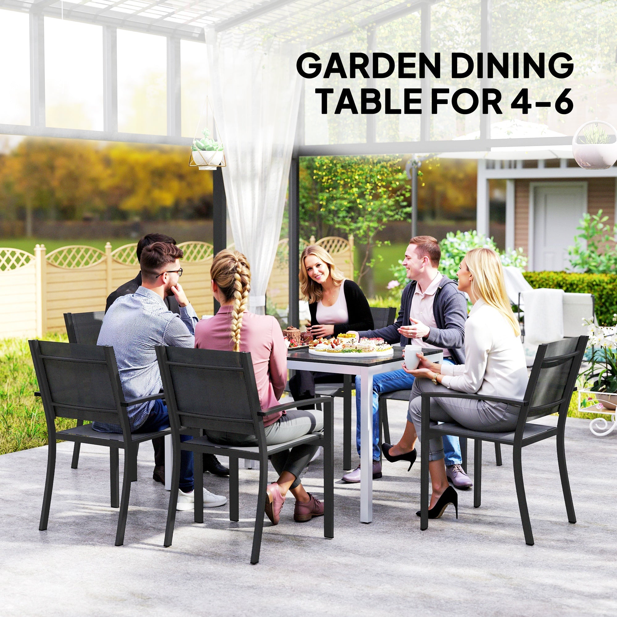 Outsunny Outdoor Dining Table for 4-6 with Easy Maintenance Slatted Top, Rust-Resistant Aluminium Frame, Black 
