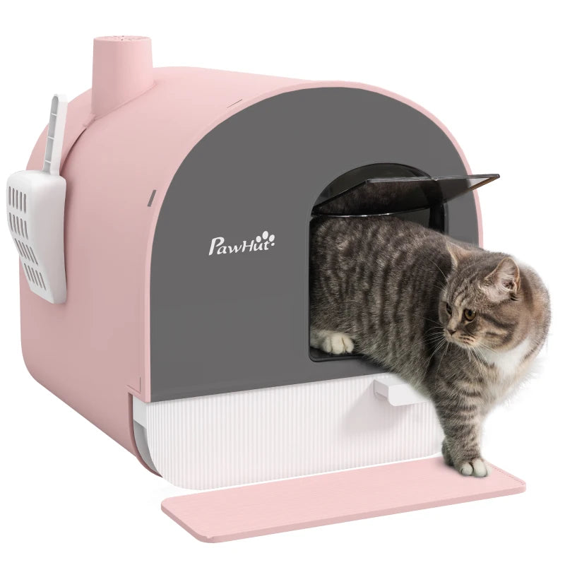 Cat Litter Box with Lid, Removable Tray, Scoop, Filter, Pink