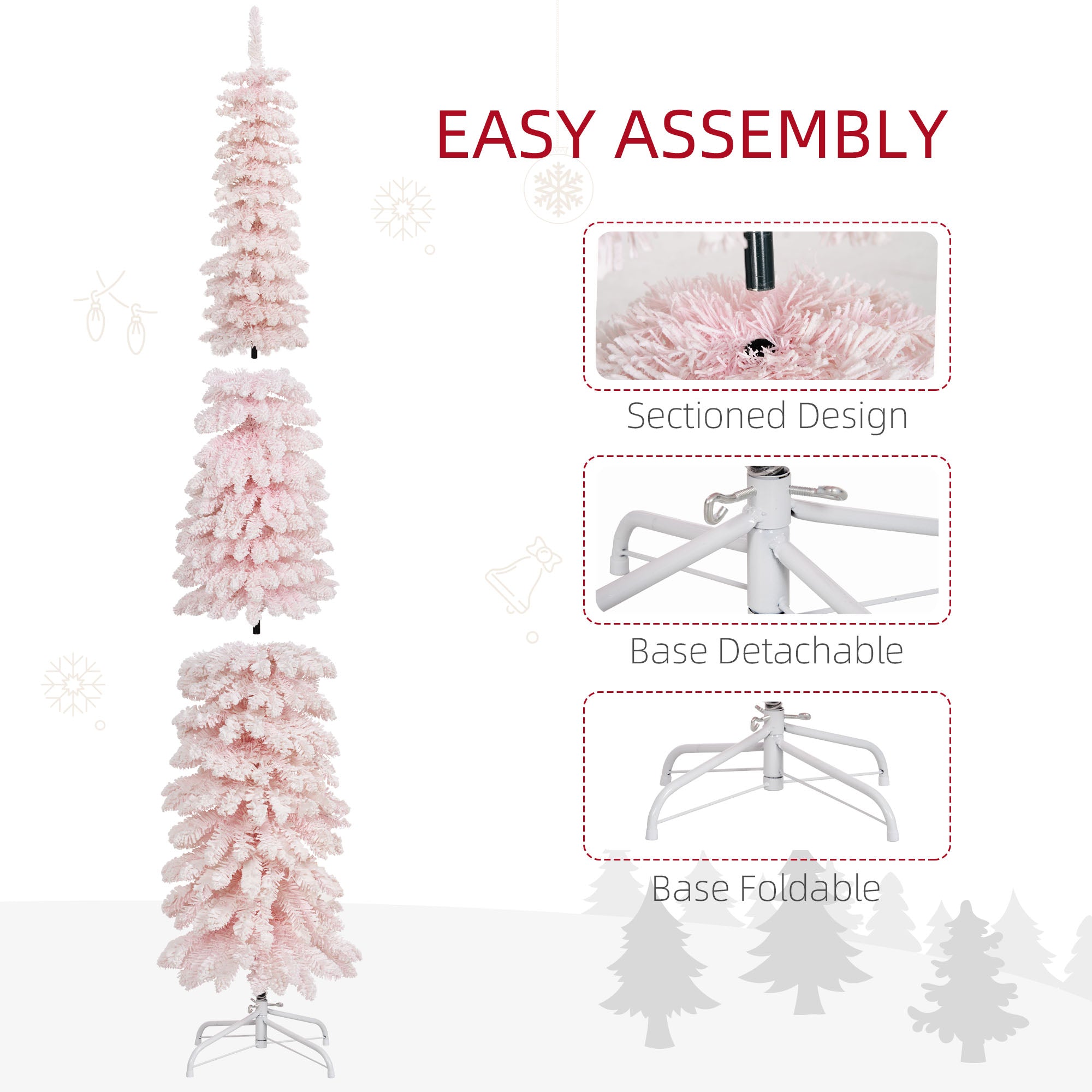 HOMCOM 6ft Snow-Flocked Artificial Christmas Tree, Slim Pencil Xmas Tree with 395 Realistic Branches, Metal Base, Pink 