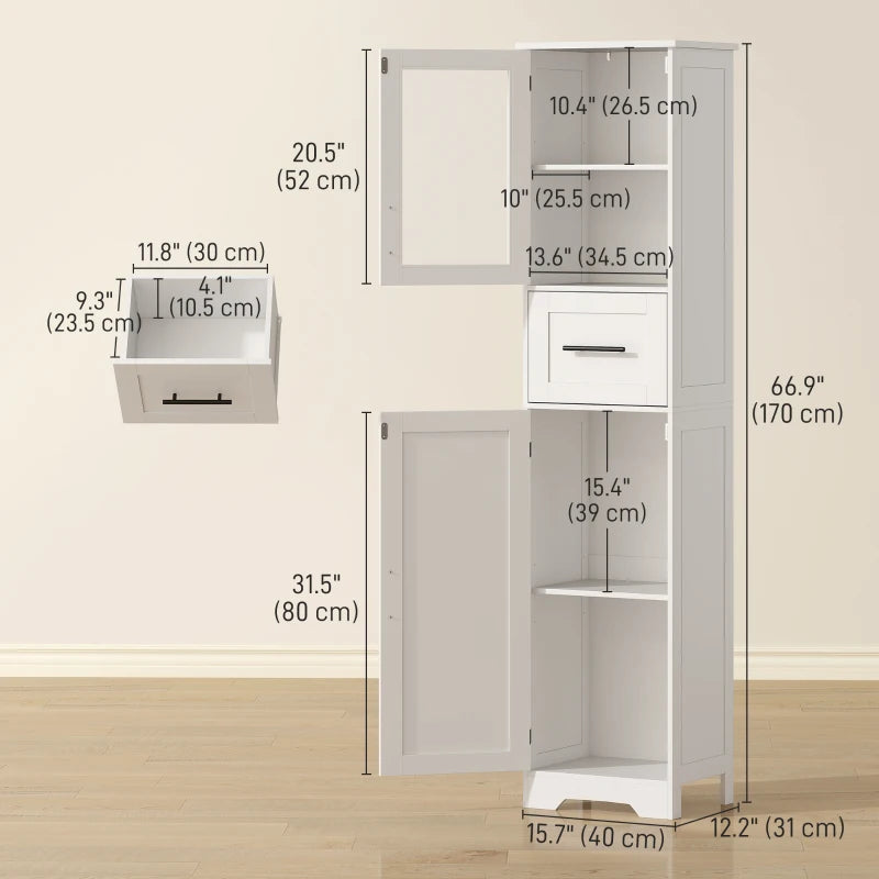 67" Tall Bathroom Storage Cabinet, Freestanding Narrow Bathroom Cabinet with Adjustable Shelves, Glass Door and Drawer