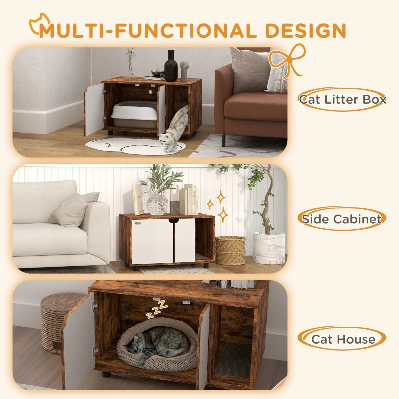 Hidden Cat Litter Box Enclosure with Double Doors and Sand Drain Pad, Rustic Brown