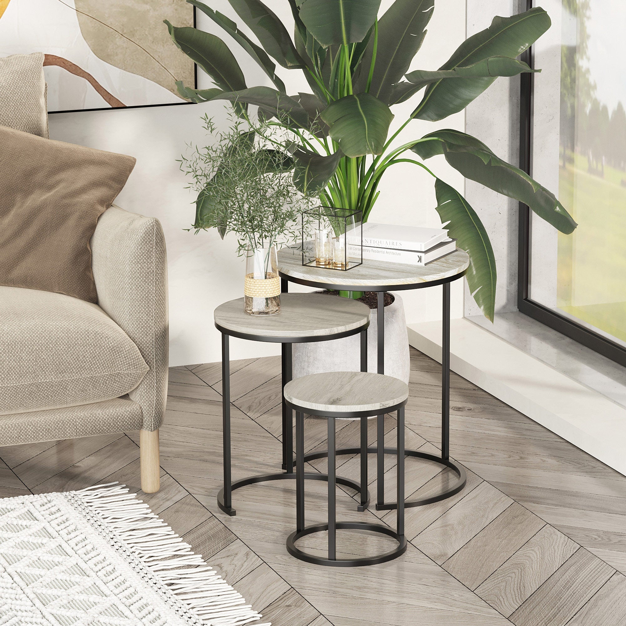 HOMCOM Trendy Nested Coffee Tables: Set of 3 Stacking Side Tables with Woodgrain Steel Frame for Living Room, Chic Grey 