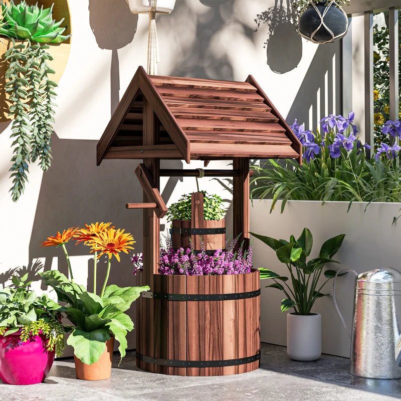 Wood Wishing Well Outdoor Wooden Planter with Hanging Bucket and Drainage Hole for Garden, Patio, Backyard, Tan