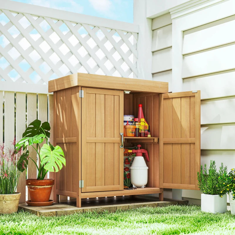 Wooden Garden Tool Storage Shed Kit with Hinged Roof, 2-Tier Shelves and Double Doors, 74x43x88cm, Natural Wood