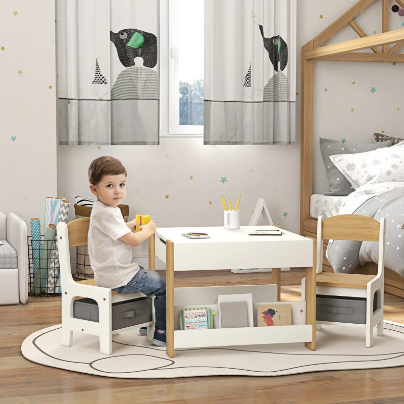 Qaba 3 Piece Kids Table and Chair Set with Reversible Tabletop, Blackboard, Storage, Bookshelf, for Playroom, Nursery Natural