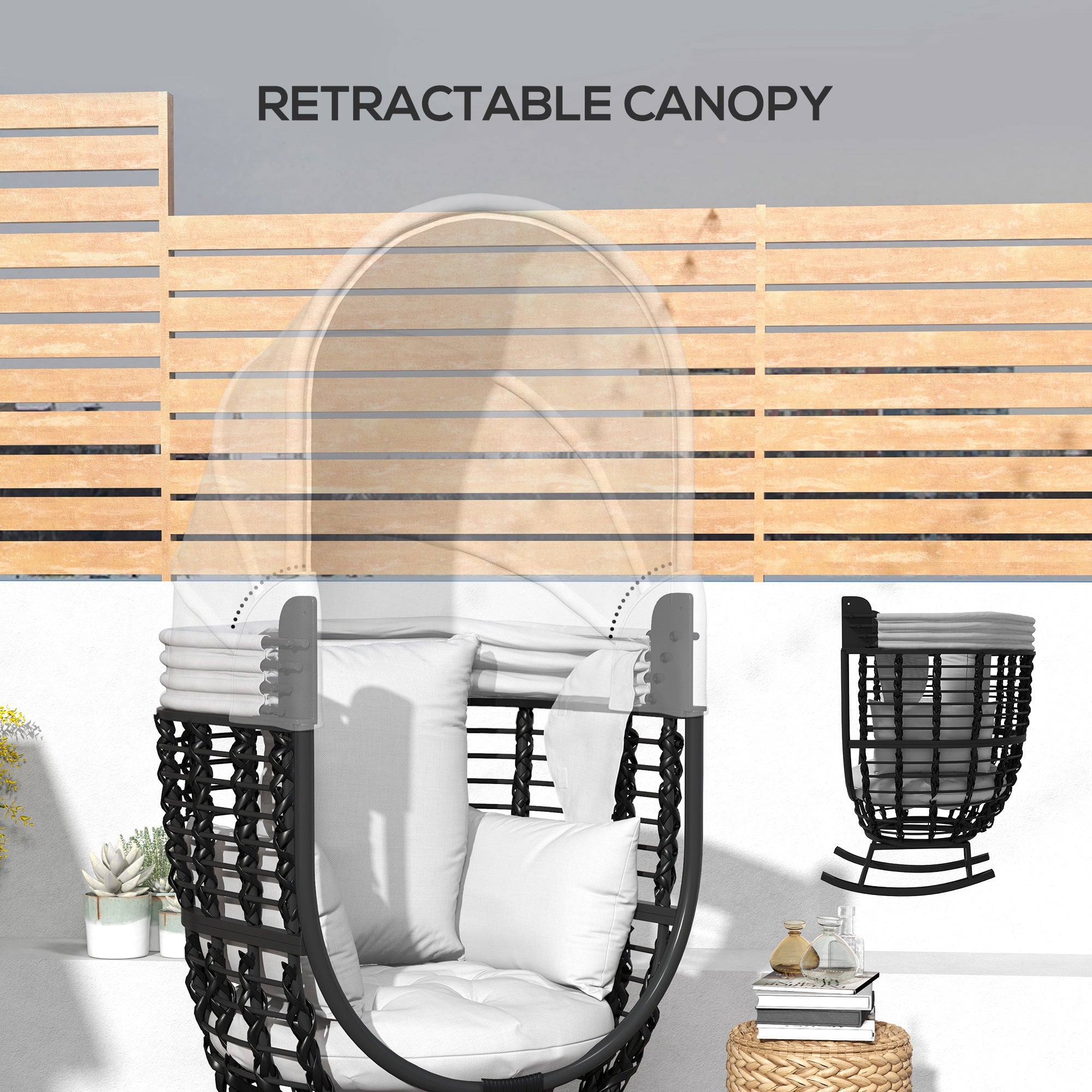 Outsunny Rattan Rocking Chair with Canopy - Cushioned Outdoor Lounger for Garden, Balcony, Porch, Patio in Grey 