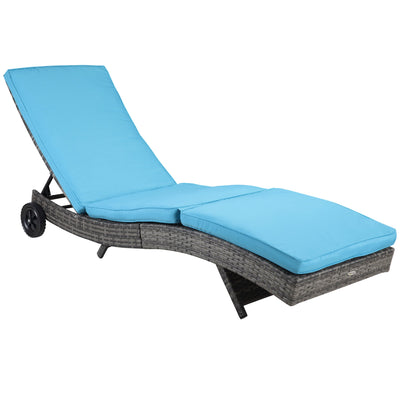 Outsunny Wicker Chaise Lounge Outdoor Adjustable 5-Level Backrest S-Shape Rattan Lounger with Cushion Wheels 