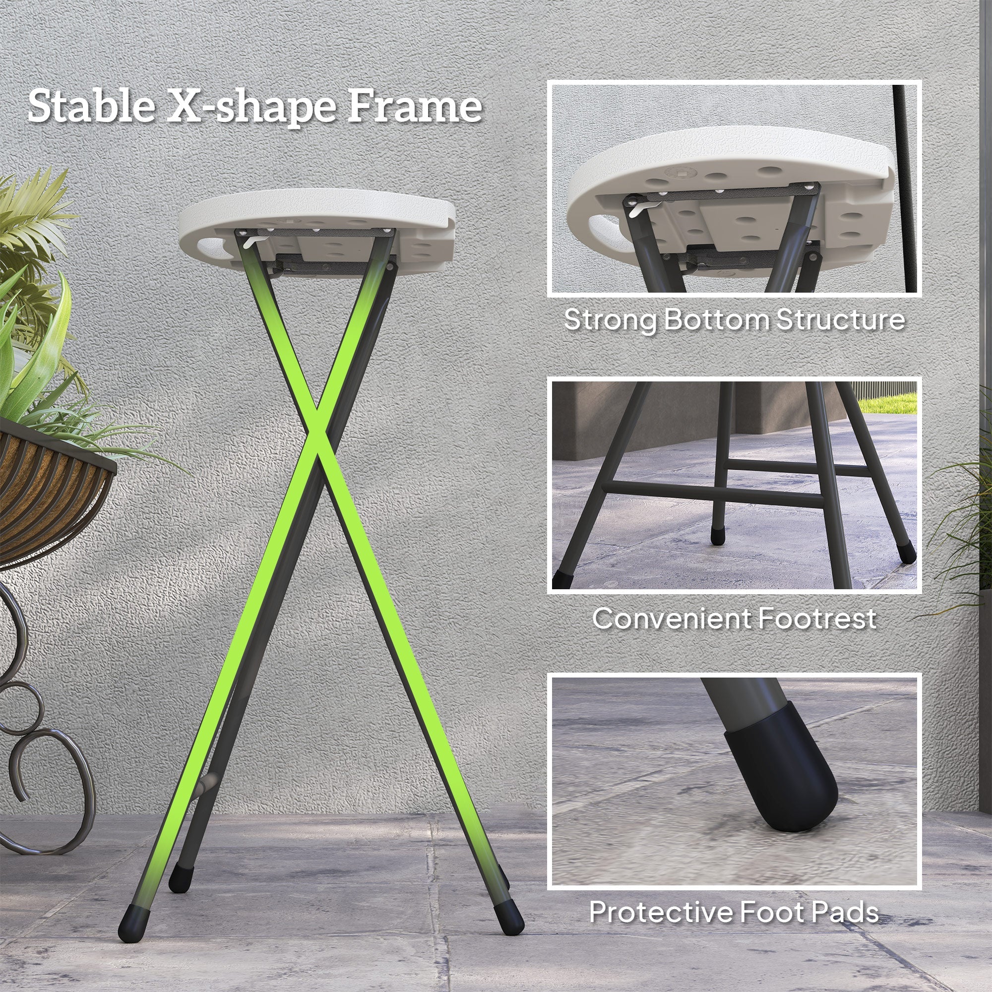 Outsunny Set of 4 Folding Outdoor Bar Stools, 29" Counter Height Stools with Handle, Indoor Outdoor Stool Chair with Footrest 