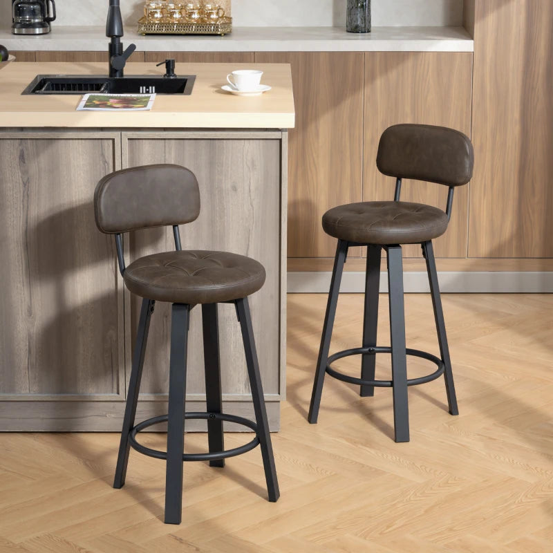 Bar Stools Set of 2, Upholstered Breakfast Bar Chairs with Footrest and Backrest for Kitchen Counter, Brown