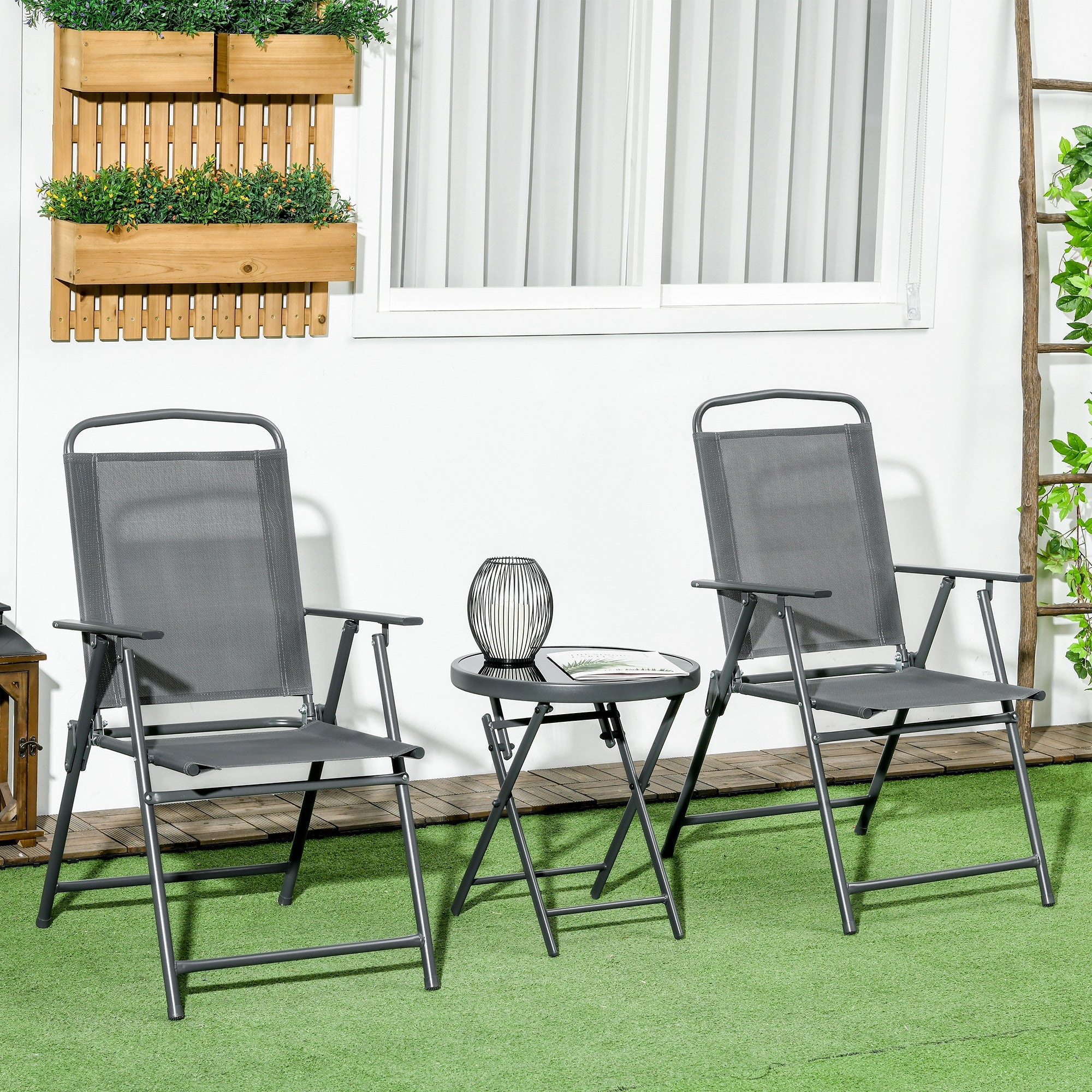 Outsunny 3 Pieces Bistro Set, Foldable Patio Furniture Set with Mesh Chairs, Glass Table for Garden, Balcony, Charcoal Grey 