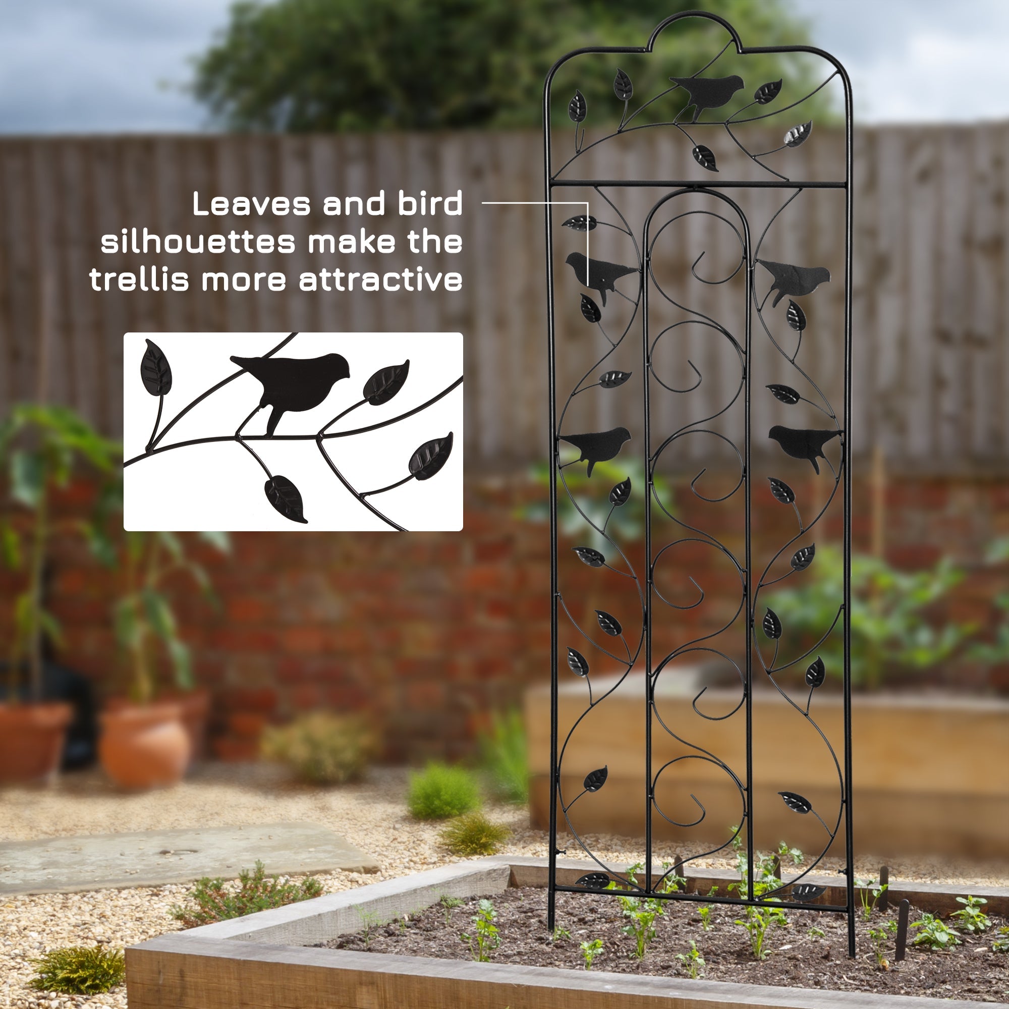Outsunny 2 Pack Garden Trellis for Climbing Plants, Outdoor Metal Grid Panels with Birds and Leaves, for Roses, Vine Flower, 59" Tall 