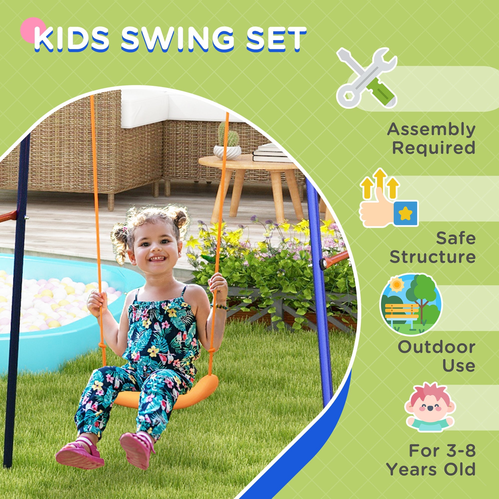 Outsunny Outdoor Kids Swing Set with Seat, Basketball Hoop, Football Goal, Secure Ground Stakes for Ages 3-8 