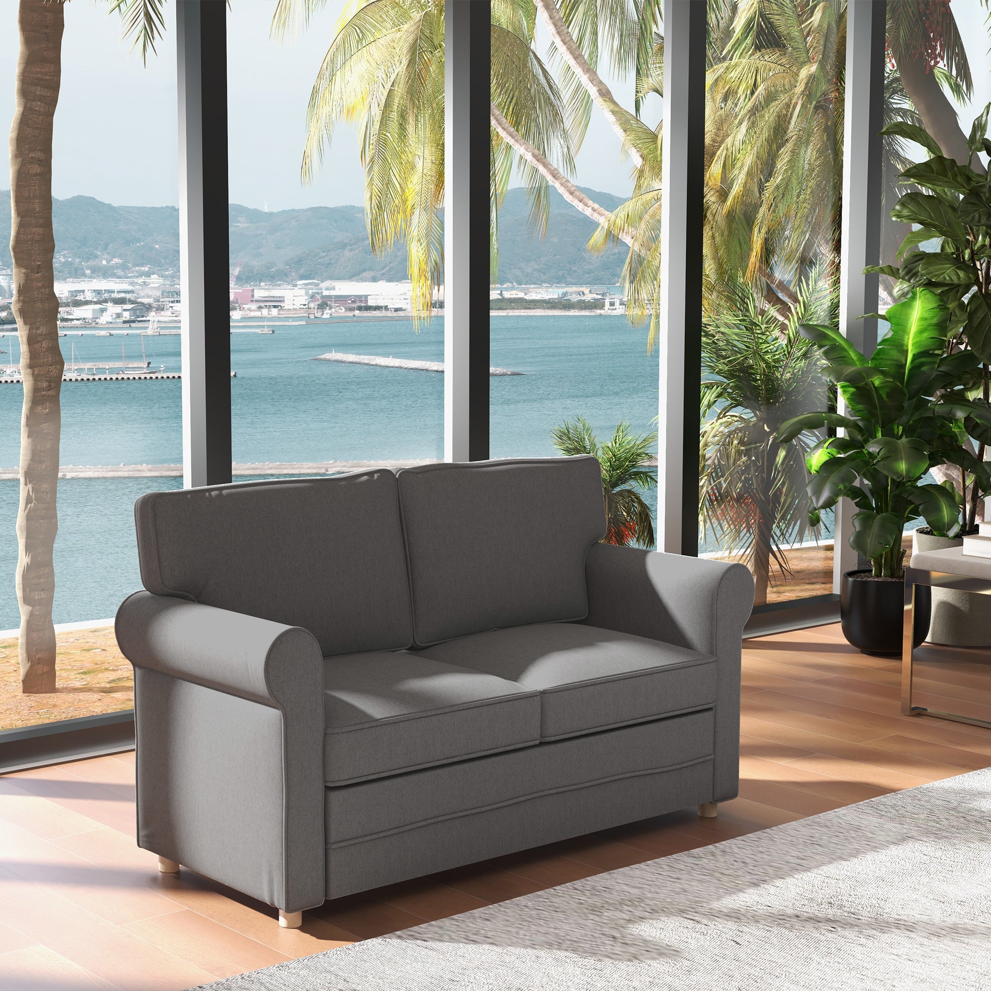 HOMCOM 59" Loveseat Sofa for Bedroom Modern Love Seats Furniture Upholstered 2 Seater Couch with Solid Steel Frame Dark Grey 