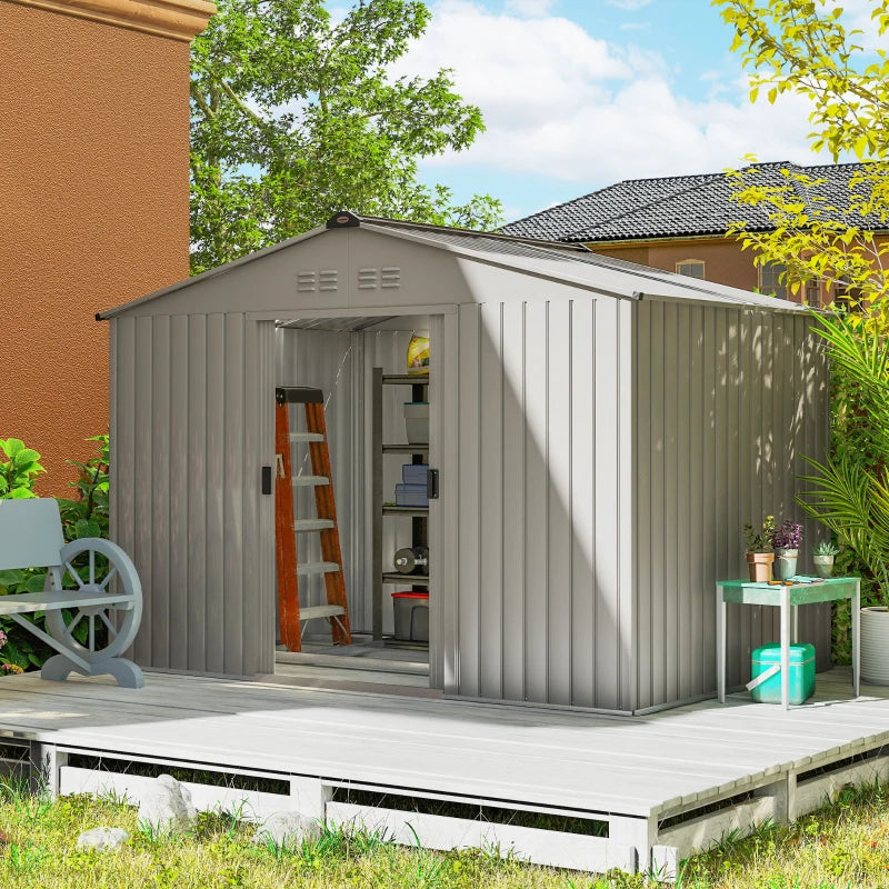9.1' x 6.4' x 6.3' Garden Storage Shed w/ Foundation Kit Metal Tool Storage House w/ Double Doors Grey