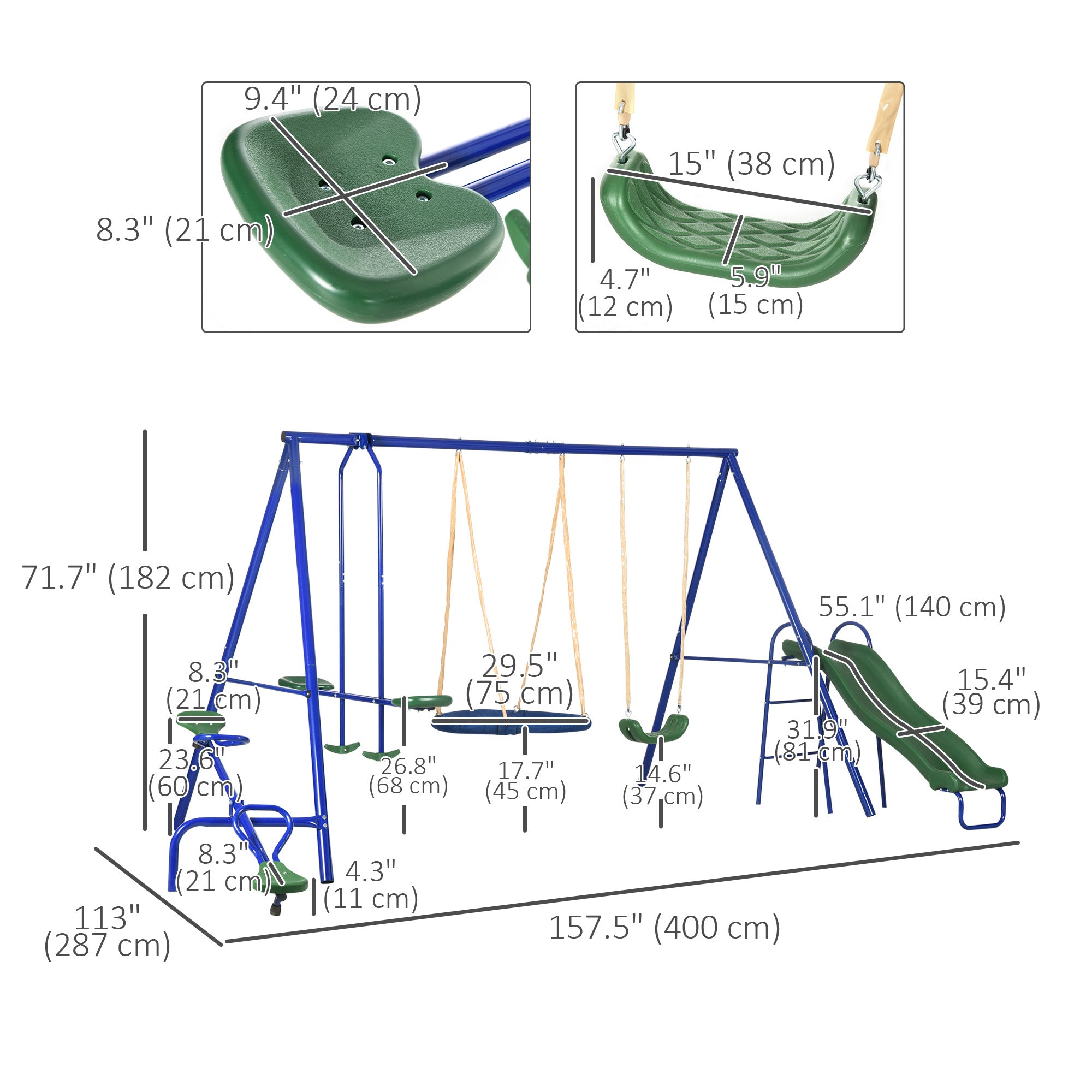 Outsunny 5 in1 Kids Swing Set with Saucer Swing, Slide, Seesaw, Glider, Swing Seat for Backyard, Playground 
