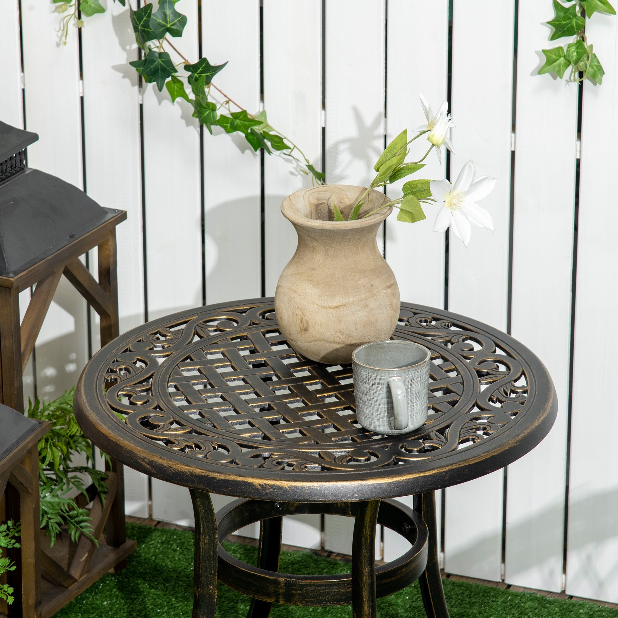 Outsunny Ф23.6" Round Outdoor Side Table Cast Aluminum Patio Coffee Desk Bronze 