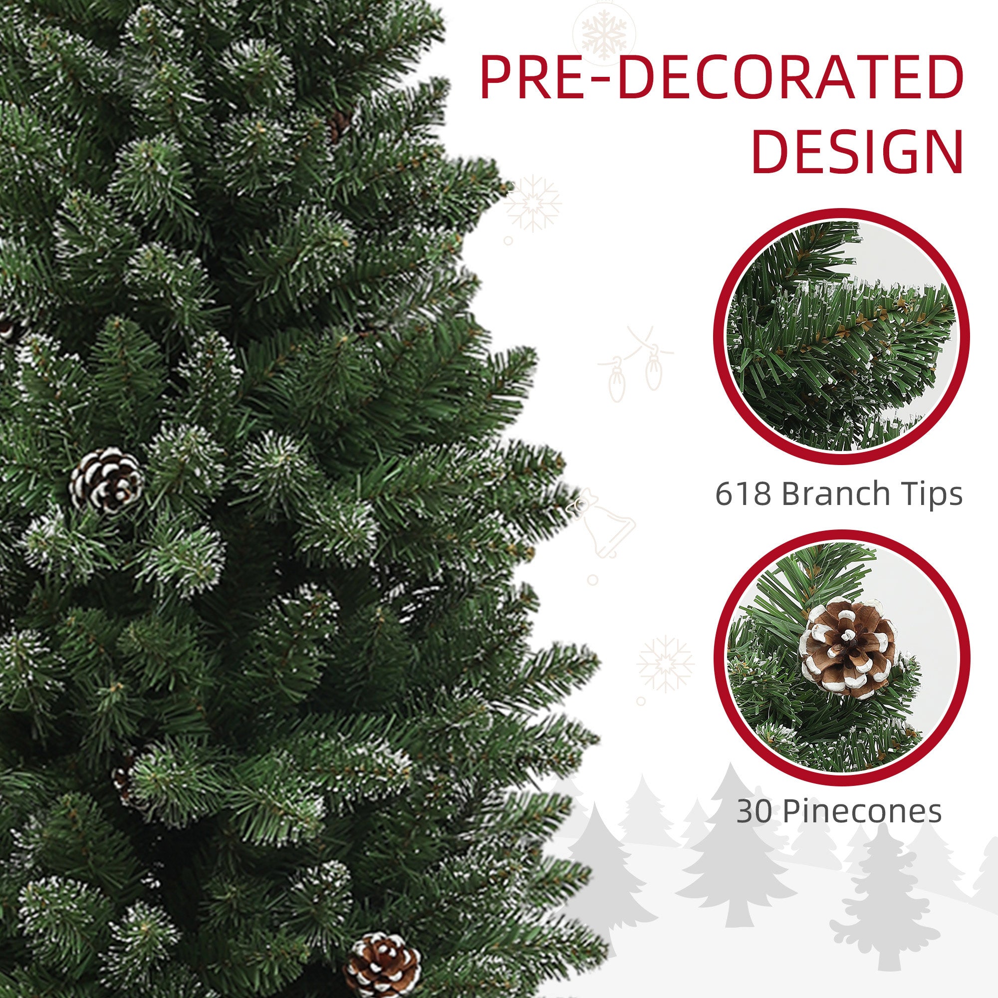 HOMCOM 6ft Artificial Pencil Christmas Tree with 618 Branches, Pinecones, Metal Stand, Realistic Xmas Tree for Home 