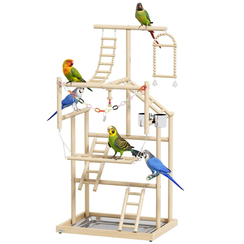 Bird Playground, 4 Layer Wooden Play Stand with Ladders, Chain Toy, Stainless Steel Cups and Tray for Small Birds