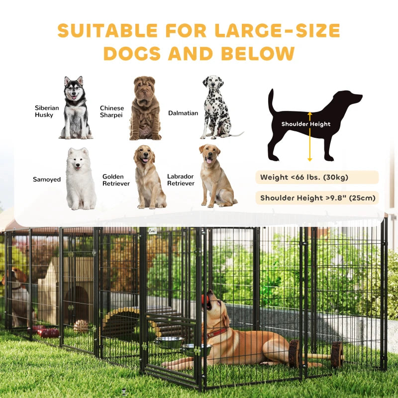 Outdoor Dog Kennel with 2 Rooms, Rotating & Adjustable Height Bowls, Waterproof UV-Resistant Cover, 16.2' x 4.7' x 5.1'