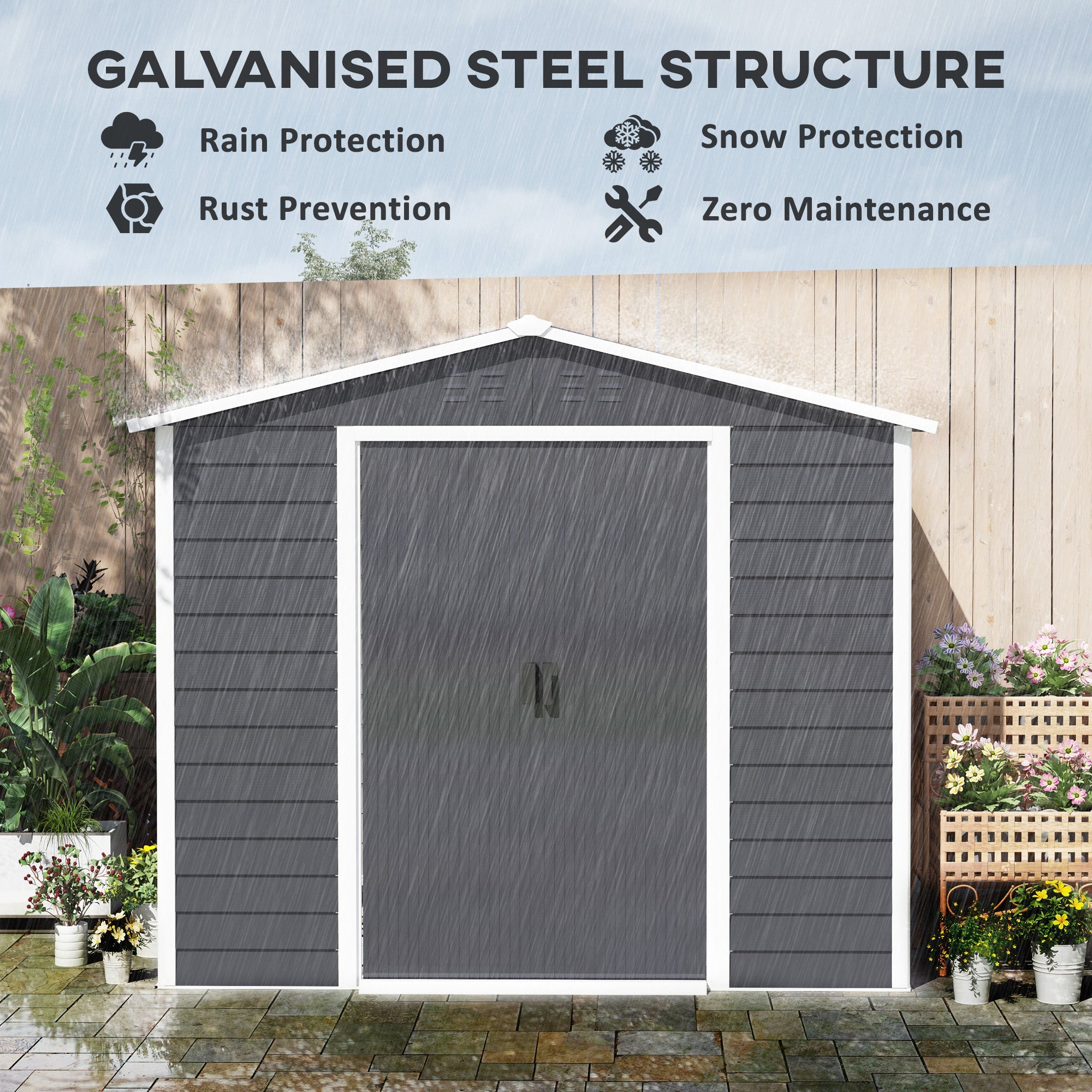 Outsunny 8' x 7' Outdoor Storage Shed, Galvanized Steel Metal Garden Shed w/ Sliding Lockable Doors, Floor Frame, Vents, Waterproof Tool Shed for Backyard, Lawn, Patio, Dark Grey 