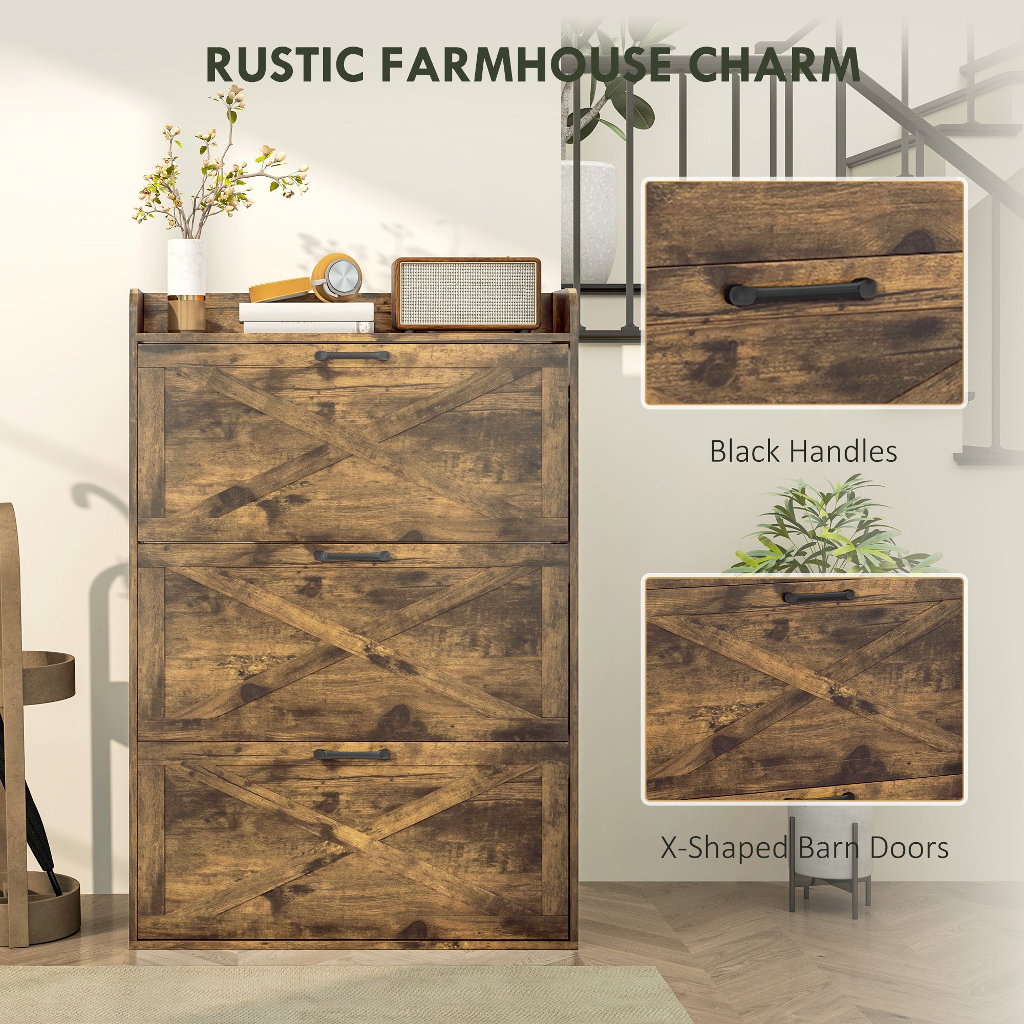 HOMCOM Narrow Shoe Storage Cabinet Farmhouse Shoe Cabinet with 3 Flip Drawers Adjustable Shelves for Entryway Rustic Brown 