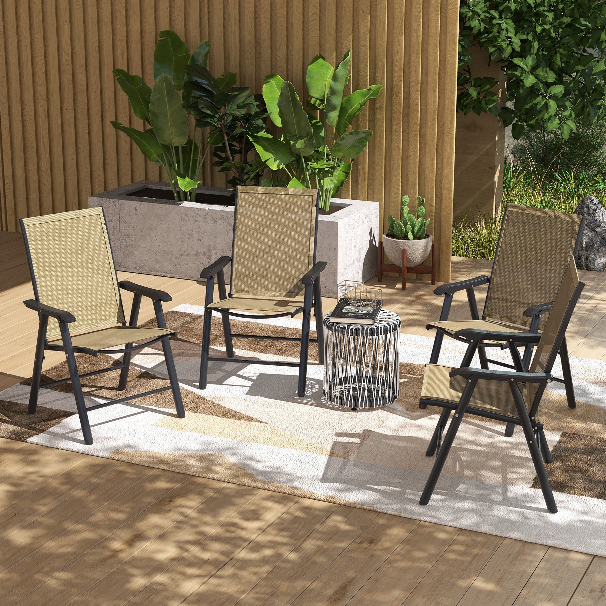 Outsunny 4-Piece Folding Chair Set for Relaxing on Patio Balcony Garden, Comfortable Outdoor Furniture with Armrests, Brown 