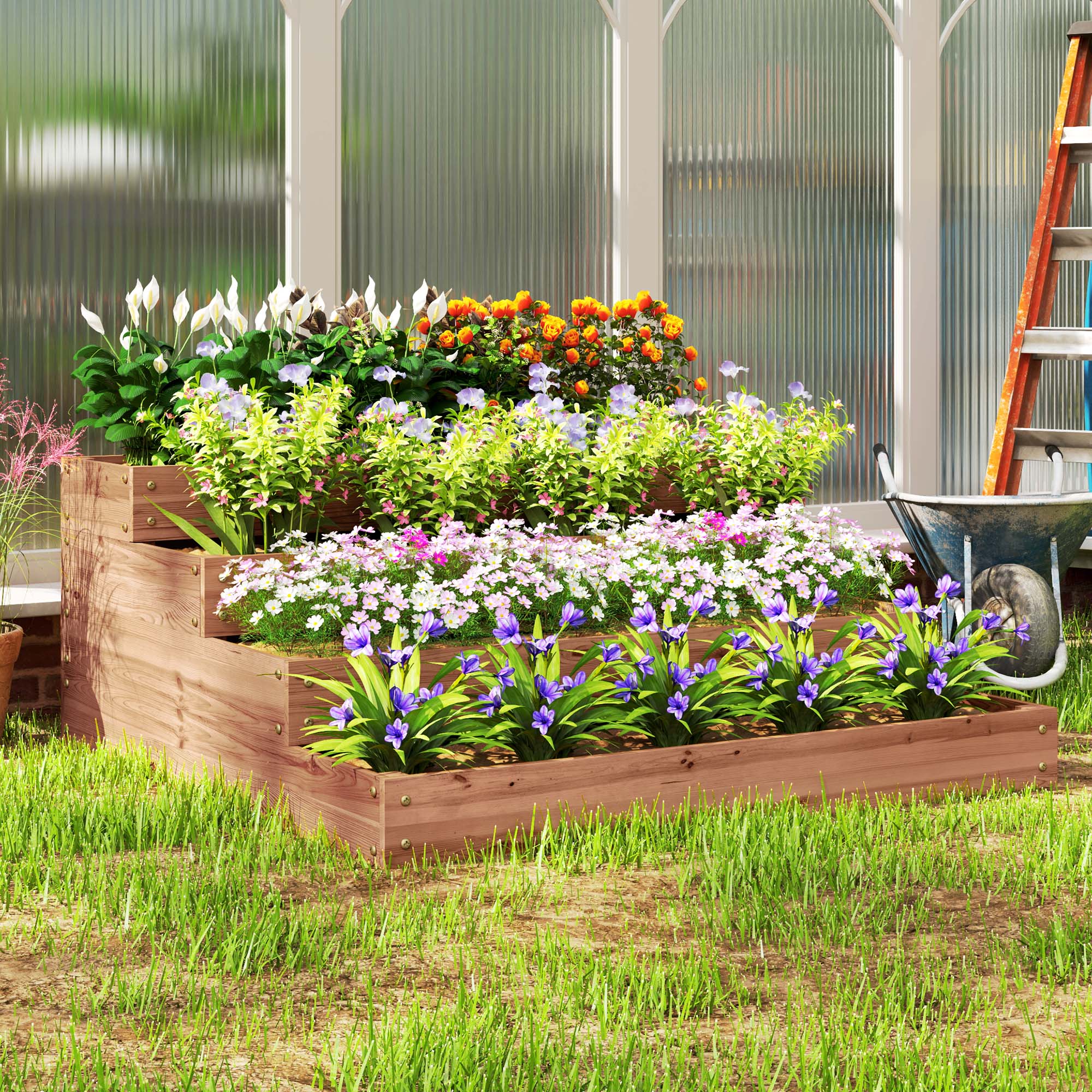 Outsunny 4-Tier Raised Garden Bed, Vertical Wooden Elevated Planter Box Kit with Liner for Vegetable, Flower, Herb, Dark Brown 