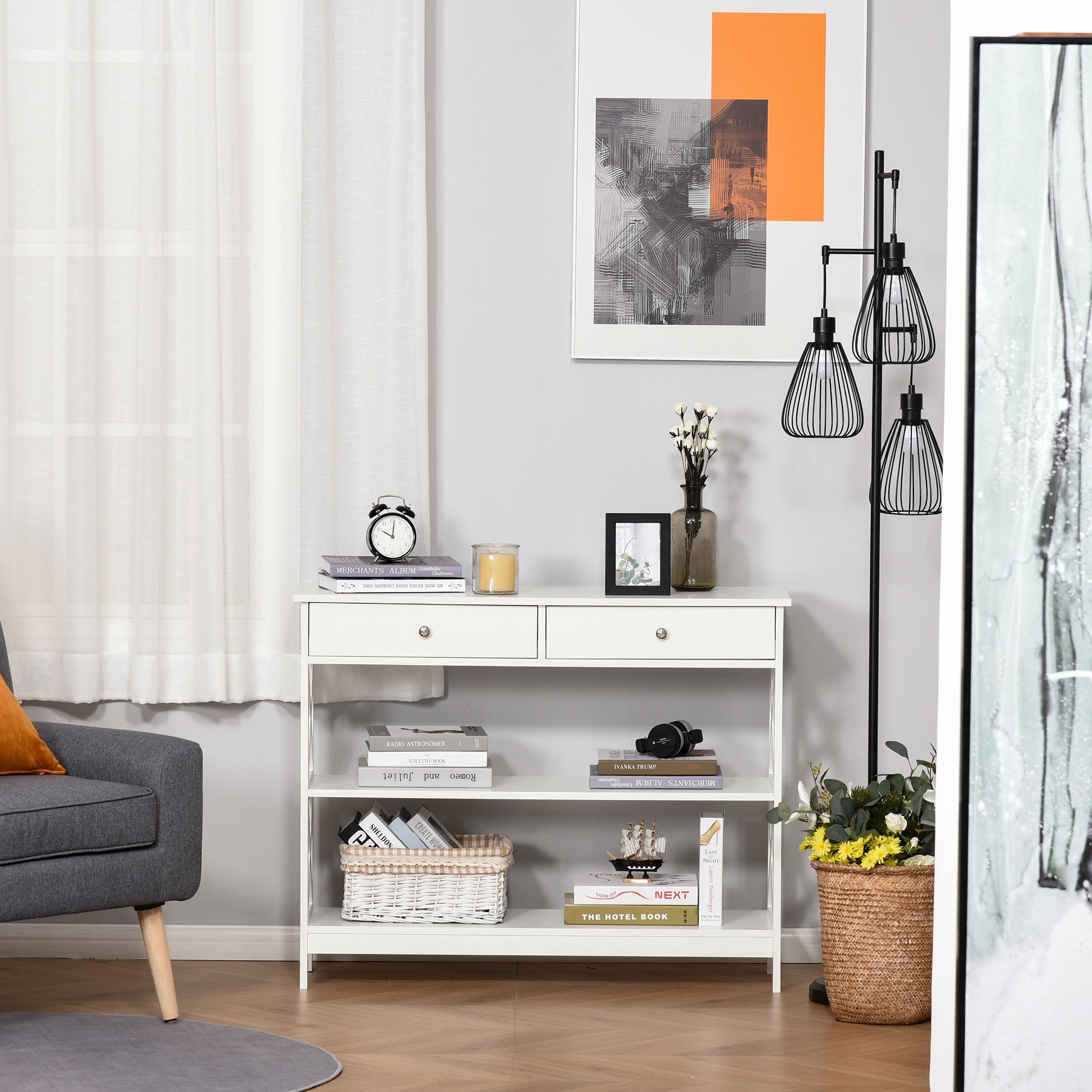 HOMCOM X-Frame Console Table: Sofa Side Table with Storage Shelves & Drawers, Living Room/Entryway, White 