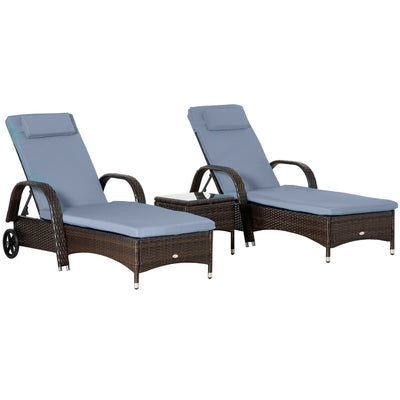 Outsunny 3 Pieces Patio Rattan Lounge Set Wheeled Wicker Chaise Lounge Chair Set Outdoor Reclining Lounger Adjustable Brown Grey 