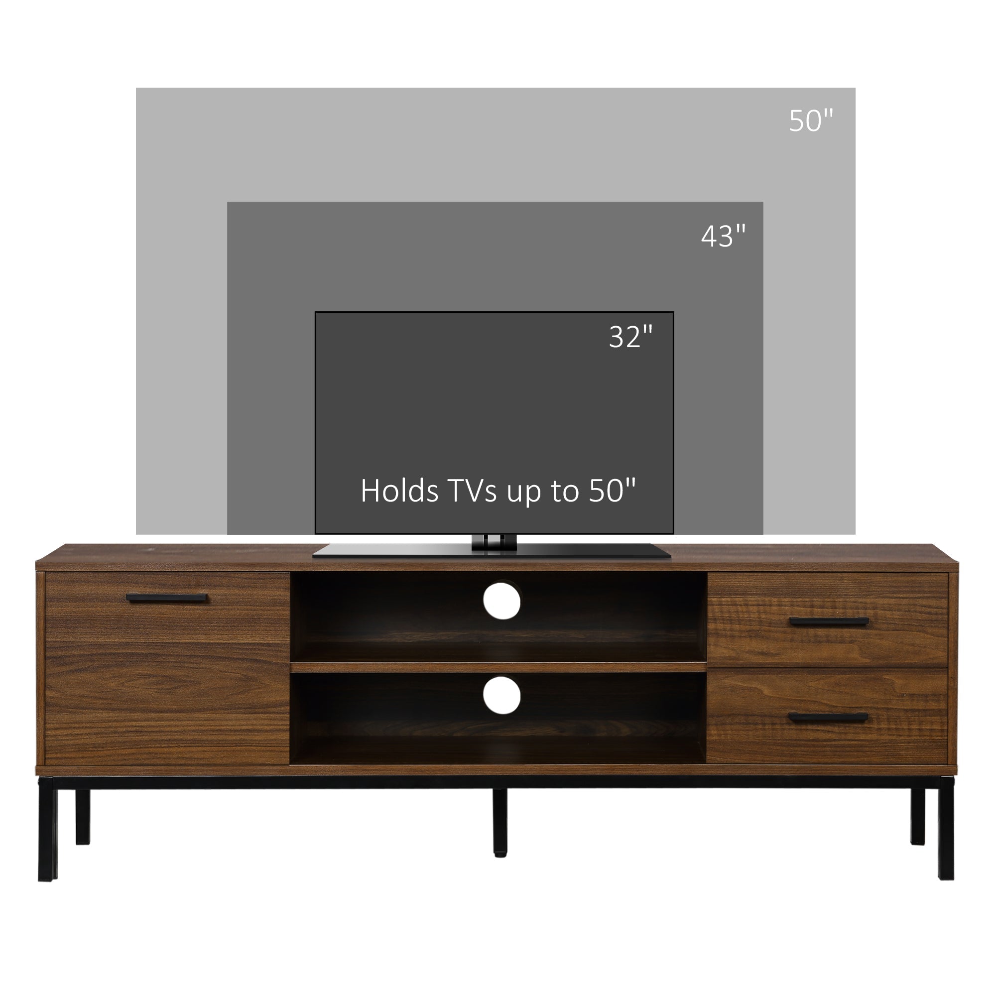 HOMCOM TV Stand: For 50" TVs, Entertainment Center with Door, Open Storage, Drawers, Steel Legs, Dark Walnut 