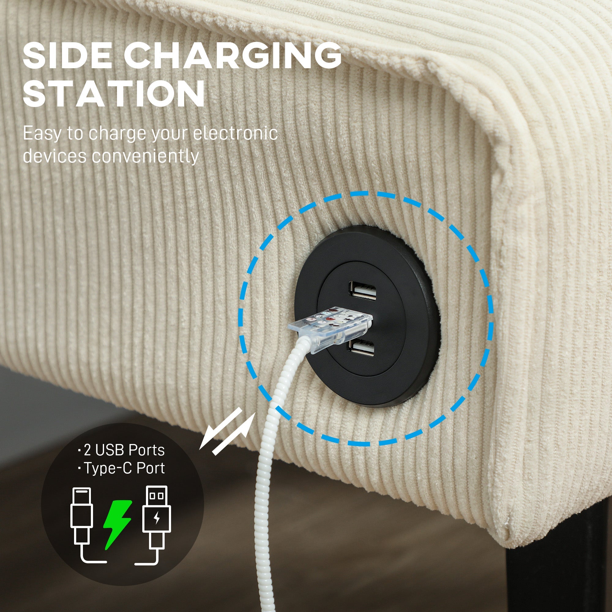 HOMCOM 46.5" Loveseat Couch with USB Ports, Corduroy Love Seat Sofa with Wood Legs for Living Room, Bedroom, Small Space, Cream 