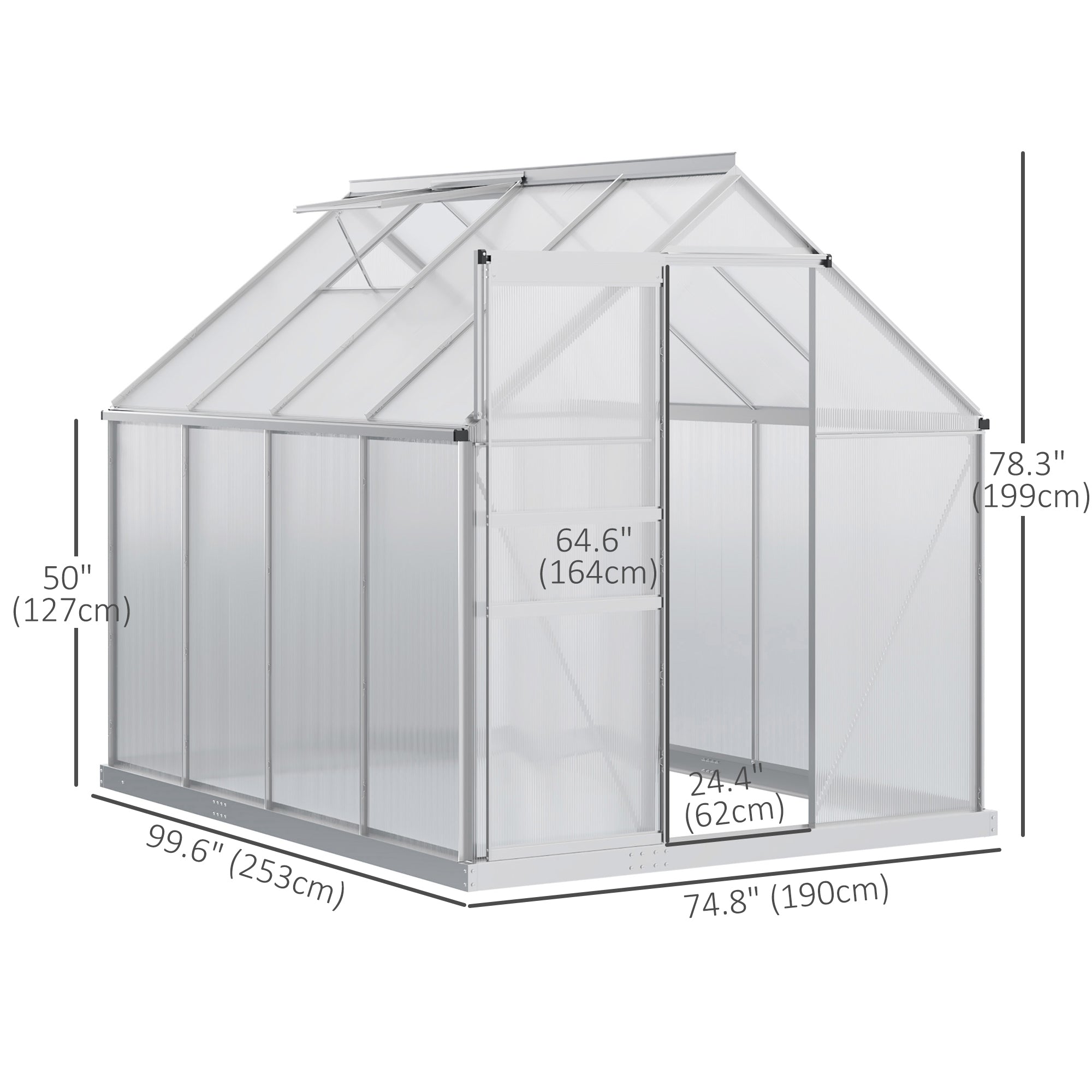 Outsunny Walk-in Greenhouse 6' x 8' x 6.5' Polycarbonate Adjustable Roof Vent Base Sliding Door Clear 