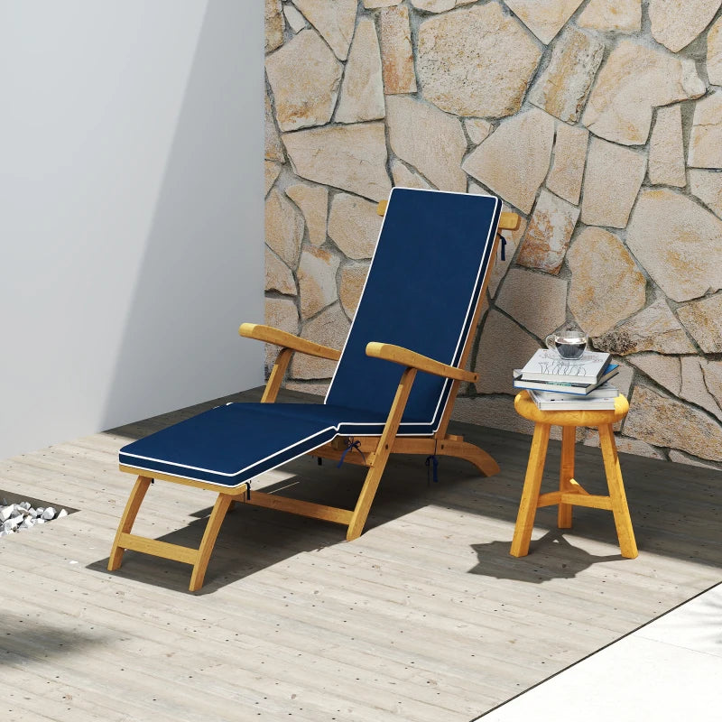 Folding Patio Lounge Chair with Padded Cushion, Acacia Wood Patio Lounger Recliner with Footrest for Garden, Navy Blue